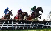20 November 2022; Nusret, right, with Daryl Jacob up, jump the last on their way to winning The John Lynch Carpets 3 Year Old Hurdle from second place, Morning Soldier, with Danny Mullins up, centre, and third place Calico, with Jack Kennedy up, during day two of the Punchestown Festival at Punchestown Racecourse in Kildare. Photo by Matt Browne/Sportsfile