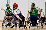 20 November 2022; Aidan Hynes of Connacht in action against John Scott of Leinster during the M.Donnelly GAA Wheelchair Hurling / Camogie All-Ireland Finals 2022 match between Leinster and Connacht at Ashbourne Community School in Ashbourne, Meath. Photo by Eóin Noonan/Sportsfile