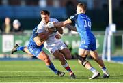 18 November 2022; Santiago Videla of Chile is tackled by Michael Milne, left, and Rob Russell of Leinster during the Bank of Ireland friendly match between Leinster and Chile at Energia Park in Dublin. Photo by Tyler Miller/Sportsfile