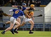 20 November 2022; Gary Brennan of Ballyea in action against Joey Holden and Damien Cahalane, 6, of St Finbarr’s during the AIB Munster GAA Hurling Senior Club Championship Semi-Final match between Ballyea and St Finbarr's at Cusack Park in Ennis, Clare. Photo by Daire Brennan/Sportsfile