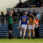 20 November 2022; Cathal O’Connor of Ballyea looks on as Conor Cahalane, 12, of St Finbarr’s is shown a red card by referee Michael Kennedy during the AIB Munster GAA Hurling Senior Club Championship Semi-Final match between Ballyea and St Finbarr's at Cusack Park in Ennis, Clare. Photo by Daire Brennan/Sportsfile