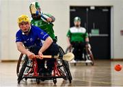 20 November 2022; Maurice Noonan of Munster in action against Dermot Berry of Leinster during the M.Donnelly GAA Wheelchair Hurling / Camogie All-Ireland Finals 2022 match between Leinster and Munster at Ashbourne Community School in Ashbourne, Meath. Photo by Eóin Noonan/Sportsfile