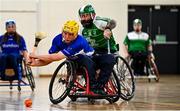 20 November 2022; Maurice Noonan of Munster in action against Dermot Berry of Leinster during the M.Donnelly GAA Wheelchair Hurling / Camogie All-Ireland Finals 2022 match between Leinster and Munster at Ashbourne Community School in Ashbourne, Meath. Photo by Eóin Noonan/Sportsfile