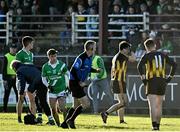20 November 2022; David Butler of Strokestown, second from right, leaves the field after being  shown a black card during the AIB Connacht GAA Football Senior Club Championship Semi-Final match between Moycullen and Strokestown at Tuam Stadium in Tuam, Galway. Photo by Sam Barnes/Sportsfile