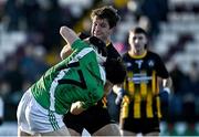 20 November 2022; Sean Mullooly of Strokestown in action against Conor Corcoran of Moycullen during the AIB Connacht GAA Football Senior Club Championship Semi-Final match between Moycullen and Strokestown at Tuam Stadium in Tuam, Galway. Photo by Sam Barnes/Sportsfile