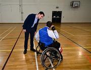 20 November 2022; Minister of State for Sport and the Gaeltacht, Jack Chambers TD meeting James McCarthy of Munster before the M.Donnelly GAA Wheelchair Hurling / Camogie All-Ireland Finals 2022 at Ashbourne Community School in Ashbourne, Meath. Photo by Eóin Noonan/Sportsfile
