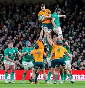 19 November 2022; Cadeyrn Neville of Australia catches the ball in a line out during the Bank of Ireland Nations Series match between Ireland and Australia at the Aviva Stadium in Dublin. Photo by John Dickson/Sportsfile
