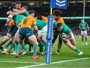 19 November 2022; Dan Sheehan of Ireland makes a dive for the line during the Bank of Ireland Nations Series match between Ireland and Australia at the Aviva Stadium in Dublin. Photo by John Dickson/Sportsfile