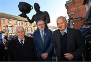 20 November 2022; In attendance at the unveiling of a statue of Cavan’s 1947 & 1948 All-Ireland winning captain John Joe O’Reilly at Market Square in Cavan, are Uachtarán Chumann Lúthchleas Gael Larry McCarthy, centre, with former Kerry footballers Jimmy Deenihan, left, and Mick O'Connell. Photo by Ramsey Cardy/Sportsfile