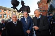 20 November 2022; In attendance at the unveiling of a statue of Cavan’s 1947 & 1948 All-Ireland winning captain John Joe O’Reilly at Market Square in Cavan, are Uachtarán Chumann Lúthchleas Gael Larry McCarthy, centre, with former Kerry footballers Jimmy Deenihan, left, and Mick O'Connell. Photo by Ramsey Cardy/Sportsfile