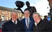 20 November 2022; In attendance at the unveiling of a statue of Cavan’s 1947 & 1948 All-Ireland winning captain John Joe O’Reilly at Market Square in Cavan, are Uachtarán Chumann Lúthchleas Gael Larry McCarthy, centre, with former Offaly footballers Richie Connor, left, and Seamus Darby. Photo by Ramsey Cardy/Sportsfile