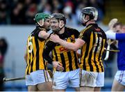 20 November 2022; Aaron Griffin of Ballyea, left, celebrates with team mates Pearse Lillis and Tony Kelly celebrate after the AIB Munster GAA Hurling Senior Club Championship Semi-Final match between Ballyea and St Finbarr's at Cusack Park in Ennis, Clare. Photo by Daire Brennan/Sportsfile