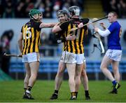 20 November 2022; Aaron Griffin of Ballyea, left, celebrates with team mates Pearse Lillis and Tony Kelly celebrate after the AIB Munster GAA Hurling Senior Club Championship Semi-Final match between Ballyea and St Finbarr's at Cusack Park in Ennis, Clare. Photo by Daire Brennan/Sportsfile