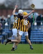 20 November 2022; Brandon O’Connell of Ballyea, 2, celebrates after scoring a late point, which proved the difference at the end, during the AIB Munster GAA Hurling Senior Club Championship Semi-Final match between Ballyea and St Finbarr's at Cusack Park in Ennis, Clare. Photo by Daire Brennan/Sportsfile