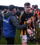 20 November 2022; Ballyea manager Robbie Hogan and Tony Kelly celebrate after the AIB Munster GAA Hurling Senior Club Championship Semi-Final match between Ballyea and St Finbarr's at Cusack Park in Ennis, Clare. Photo by Daire Brennan/Sportsfile