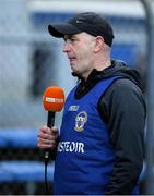 20 November 2022; Ballyea manager Robbie Hogan is interviewed by TG4 after the AIB Munster GAA Hurling Senior Club Championship Semi-Final match between Ballyea and St Finbarr's at Cusack Park in Ennis, Clare. Photo by Daire Brennan/Sportsfile