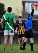 20 November 2022; Keith Murphy of Strokestown is show a  red card by referee John Gilmartin during the AIB Connacht GAA Football Senior Club Championship Semi-Final match between Moycullen and Strokestown at Tuam Stadium in Tuam, Galway. Photo by Sam Barnes/Sportsfile