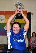 20 November 2022; Munster captain Ellie Sheehy lifting the cup after the M.Donnelly GAA Wheelchair Hurling / Camogie All-Ireland Finals 2022 at Ashbourne Community School in Ashbourne, Meath. Photo by Eóin Noonan/Sportsfile