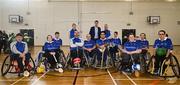 20 November 2022; Minister of State for Sport and the Gaeltacht, Jack Chambers TD with Munsters players during the M.Donnelly GAA Wheelchair Hurling / Camogie All-Ireland Finals 2022 at Ashbourne Community School in Ashbourne, Meath. Photo by Eóin Noonan/Sportsfile