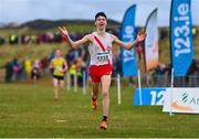 20 November 2022; Caolan McFadden of Cranford AC, Donegal, celebrates on his way to winning in the Boys U16 4000m during the 123.ie Senior and Even Age Cross County Championships at Rosapenna Golf Course in Rosapenna, Donegal. Photo by Ben McShane/Sportsfile