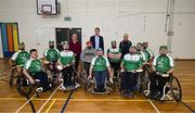 20 November 2022; Minister of State for Sport and the Gaeltacht, Jack Chambers TD with Leinster players during the M.Donnelly GAA Wheelchair Hurling / Camogie All-Ireland Finals 2022 at Ashbourne Community School in Ashbourne, Meath. Photo by Eóin Noonan/Sportsfile