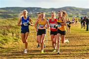 20 November 2022; Senior Women's 8000m competitors, from left, Lauren Tinkler of Dublin City Harriers AC, Dublin, Sarah Healy of U.C.D. AC, Dublin, Mary Mulhare of Portlaoise AC, Laois, and Michelle Finn of Leevale AC, Cork, during the 123.ie Senior and Even Age Cross County Championships at Rosapenna Golf Course in Rosapenna, Donegal. Photo by Ben McShane/Sportsfile
