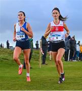 20 November 2022; Nadine Donegan of Tullamore Harriers AC, Offaly, left, and Ellen Moran of Galway City Harriers AC, Galway, competing in the Senior Women's 8000m during the 123.ie Senior and Even Age Cross County Championships at Rosapenna Golf Course in Rosapenna, Donegal. Photo by Ben McShane/Sportsfile