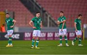 20 November 2022; Republic of Ireland players, from left, Alan Browne, Josh Cullen, John Egan and Seamus Coleman during the International Friendly match between Malta and Republic of Ireland at the Ta' Qali National Stadium in Attard, Malta. Photo by Seb Daly/Sportsfile
