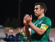20 November 2022; Seamus Coleman of Republic of Ireland applauds the travelling supporters after his side's victory in the International Friendly match between Malta and Republic of Ireland at the Ta' Qali National Stadium in Attard, Malta. Photo by Seb Daly/Sportsfile
