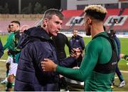 20 November 2022; Republic of Ireland manager Stephen Kenny congratulates goalscorer Callum Robinson of Republic of Ireland after their side's victory in the International Friendly match between Malta and Republic of Ireland at the Ta' Qali National Stadium in Attard, Malta. Photo by Seb Daly/Sportsfile