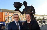 20 November 2022; In attendance at the unveiling of a statue of Cavan’s 1947 & 1948 All-Ireland winning captain John Joe O’Reilly at Market Square in Cavan, are Uachtarán Chumann Lúthchleas Gael Larry McCarthy, left, and George Cartwright. Photo by Ramsey Cardy/Sportsfile