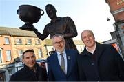 20 November 2022; In attendance at the unveiling of a statue of Cavan’s 1947 & 1948 All-Ireland winning captain John Joe O’Reilly at Market Square in Cavan, are Uachtarán Chumann Lúthchleas Gael Larry McCarthy, centre, with Kieran Callaghan, left, and George Cartwright. Photo by Ramsey Cardy/Sportsfile
