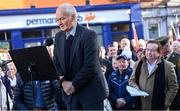 20 November 2022; In attendance at the unveiling of a statue of Cavan’s 1947 & 1948 All-Ireland winning captain John Joe O’Reilly at Market Square in Cavan is former Kerry footballer Mick O'Connell, left, and MC Marty Morrissey. Photo by Ramsey Cardy/Sportsfile