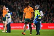 19 November 2022; Rob Valentini of Australia leaves the pitch with an injury during the Bank of Ireland Nations Series match between Ireland and Australia at the Aviva Stadium in Dublin. Photo by Ramsey Cardy/Sportsfile