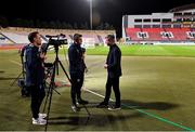 20 November 2022; Republic of Ireland manager Stephen Kenny is interviewed by FAI communications manager Kieran Crowley, centre, and FAI videographer Matthew Turnbull before the International Friendly match between Malta and Republic of Ireland at the Ta' Qali National Stadium in Attard, Malta. Photo by Seb Daly/Sportsfile