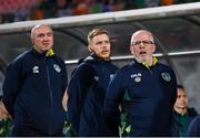 20 November 2022; Republic of Ireland staff, from right, kitman Fergus McNally, and athletic therapists Sam Rice, centre, and Colum O'Neill, left, before the International Friendly match between Malta and Republic of Ireland at the Ta' Qali National Stadium in Attard, Malta. Photo by Seb Daly/Sportsfile