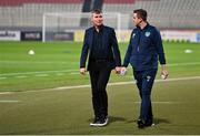 20 November 2022; Republic of Ireland manager Stephen Kenny, left, and FAI communications manager Kieran Crowley before the International Friendly match between Malta and Republic of Ireland at the Ta' Qali National Stadium in Attard, Malta. Photo by Seb Daly/Sportsfile