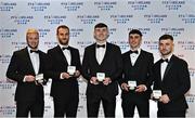 19 November 2022; Cork City players in the PFA Ireland First Division Team of the Year, from left, Kevin O'Connor, Ally Gilchrist, David Harrington, Barry Coffey and Aaron Bolger during the PFA Ireland Awards 2022 at the Marker Hotel in Dublin. Photo by Sam Barnes/Sportsfile