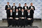 19 November 2022; The PFA Ireland Premier Division Team of the Year, back row from left, Sean Boyd of Shelbourne, Rory Gaffney of Shamrock Rovers, Aidan Keena of Sligo Rovers, Joe Redmond of St Patrick's Athletic, Mark Connolly of Derry City, and front row, from left, Andy Lyons of Shamrock Rovers, Cameron Dummigan of Derry City, Brian Maher of Derry City and Chris Forrester of St Patrick's Athletic, during the PFA Ireland Awards 2022 at the Marker Hotel in Dublin. Photo by Sam Barnes/Sportsfile