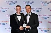 19 November 2022; Chris Forrester of St Patrick's Athletic, left, is presented with his PFA Ireland Premier Division Team of the Year Medal by PFA Ireland Chairperson Brendan Clarke during the PFA Ireland Awards 2022 at the Marker Hotel in Dublin. Photo by Sam Barnes/Sportsfile