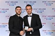 19 November 2022; Aidan Keena of Sligo Rovers, left, is presented with his PFA Ireland Premier Division Team of the Year Medal by PFA Ireland Chairperson Brendan Clarke during the PFA Ireland Awards 2022 at the Marker Hotel in Dublin. Photo by Sam Barnes/Sportsfile