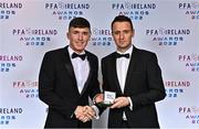 19 November 2022; Joe Redmond of St Patrick's Athletic, left, is presented with his PFA Ireland Premier Division Team of the Year Medal by PFA Ireland Chairperson Brendan Clarke during the PFA Ireland Awards 2022 at the Marker Hotel in Dublin. Photo by Sam Barnes/Sportsfile