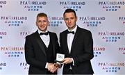 19 November 2022; Stephen Walsh of Galway United, left, is presented with his PFA Ireland First Division Team of the Year Medal by PFA Ireland Chairperson Brendan Clarke during the PFA Ireland Awards 2022 at the Marker Hotel in Dublin. Photo by Sam Barnes/Sportsfile