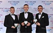 19 November 2022; Stephen Walsh of Galway United, Killian Brouder of Galway United and Enda Curran of Treaty United during the PFA Ireland Awards 2022 at the Marker Hotel in Dublin. Photo by Sam Barnes/Sportsfile