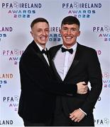 19 November 2022; St Patrick's Athletic players Chris Forrester, left, and Joe Redmond during the PFA Ireland Awards 2022 at the Marker Hotel in Dublin. Photo by Sam Barnes/Sportsfile