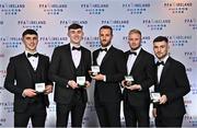 19 November 2022; Cork city players, from left, Barry Coffey, David Harrington, Ally Gilchrist, Kevin O'Connor and Aaron Bolger wih their PFA Ireland First Division Team of the Year Medals during the PFA Ireland Awards 2022 at the Marker Hotel in Dublin. Photo by Sam Barnes/Sportsfile