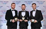 19 November 2022; Derry City players, from left, Mark Connolly, Cameron Dummigan and Brian Maher with their PFA Ireland Premier Division Team of the Year medals during the PFA Ireland Awards 2022 at the Marker Hotel in Dublin. Photo by Sam Barnes/Sportsfile