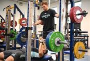 21 November 2022; Charlie Ngatai, left, and Liam Turner during a Leinster Rugby gym session at Leinster HQ in Dublin. Photo by Harry Murphy/Sportsfile