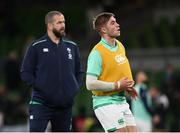 19 November 2022; Jack Crowley of Ireland and Ireland head coach Andy Farrell before the Bank of Ireland Nations Series match between Ireland and Australia at the Aviva Stadium in Dublin. Photo by Harry Murphy/Sportsfile