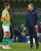 19 November 2022; Jack Crowley of Ireland and Ireland assistant coach Mike Catt before the Bank of Ireland Nations Series match between Ireland and Australia at the Aviva Stadium in Dublin. Photo by Harry Murphy/Sportsfile